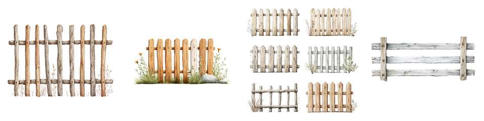 Obraz premium Rustic wooden fences in various styles, featuring different wood textures, colors, and finishes; ideal for agriculture, rural decoration, and landscaping designs.