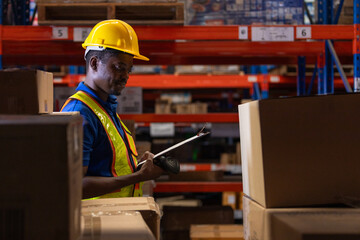 Man African American professional worker wearing safety uniform and white hard hat using bar code...