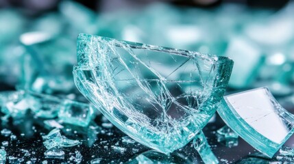 Close-up of shattered glass fragments forming a spiderweb pattern against a dark background