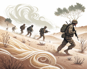 soldiers advancing in sandy terrain with dust and minimal vegetation, stylized vector on white
