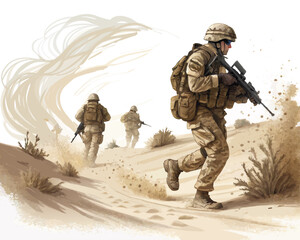 soldiers advancing in sandy terrain with dust and minimal vegetation, stylized vector on white
