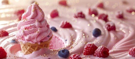 Close-Up of Pink Swirled Ice Cream with Fresh Berries