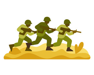 Obraz premium soldiers advancing in sandy terrain with dust and minimal vegetation, stylized vector on white 