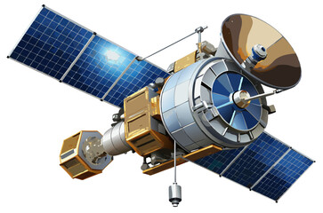 orbiting satellite with antenna and camera systems, military recon vector isolated on white
