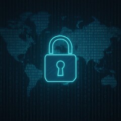Cyber security Lock on Digital World Map Background
