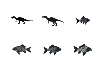 Silhouette set dinosaurs and fish illustrations