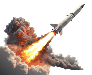 vector of missile launching into air with smoke plume and fire trail, isolated on white

