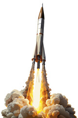 vector of missile launching into air with smoke plume and fire trail, isolated on white
