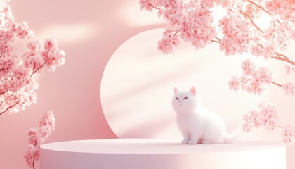 Abstract Pink Pastel Podium On White Cylinder Base With Geometric Platform And Semi Circle Pink Backdrop For Product Display Presentation