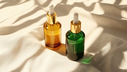 Naklejka premium Luxurious Aesthetic In Bathroom With Two Elegant Dropper Cosmetic Bottles Containing Gold And Green Serums On Textured White Fabric