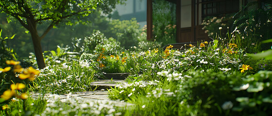 Colorful Garden With Lush Plants And Flowers