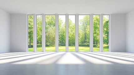 Bright White Room with Large Windows Showcasing a Lush Green Landscape