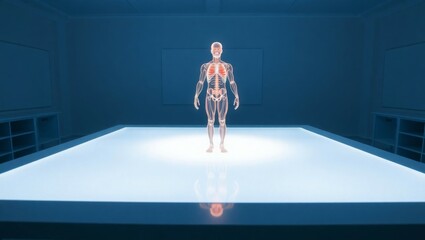 Fototapeta premium Futuristic lab or research room featuring a prominent table and a vibrant blue screen displaying detailed holographic human skeletons,
