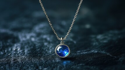 Fototapeta premium Sapphire pendant on delicate chain illuminated against matte black backdrop