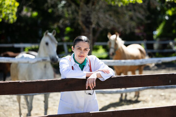 Veterinarian caring for horses at stable during daytime
