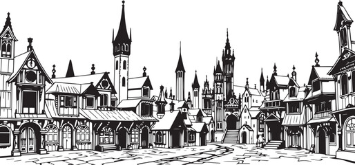 Old Town Landscape. Vintage, retro, wood carved patterns. Hand drawn vector illustration	