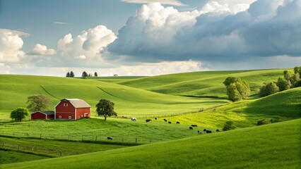 Obraz premium Green rural landscape with a blue sky and fluffy clouds