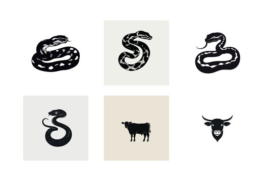 Black and white animal illustrations set