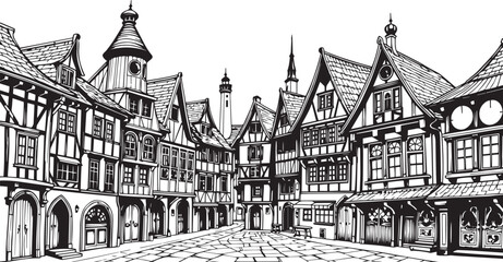 Obraz premium Old Town Landscape. Vintage, retro, wood carved patterns. Hand drawn vector illustration 