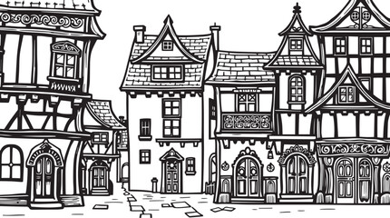 Old Town Landscape. Vintage, retro, wood carved patterns. Hand drawn vector illustration	