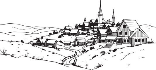 Obraz premium Old Town Landscape. Vintage, retro, wood carved patterns. Hand drawn vector illustration 
