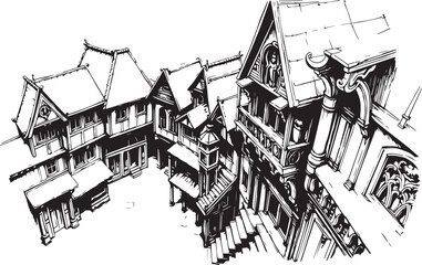 Old Town Landscape. Vintage, retro, wood carved patterns. Hand drawn vector illustration	