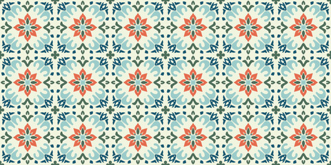 Vector seamless pattern in ethnic folk style. Abstract colorful floral geometric ornament with indian, indonesian, thai, mexican motifs. Moroccan, turkish, oriental inspired background. Elegant design
