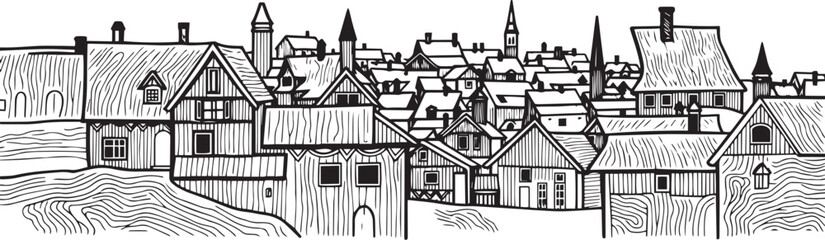 Fototapeta premium Old Town Landscape. Vintage, retro, wood carved patterns. Hand drawn vector illustration 