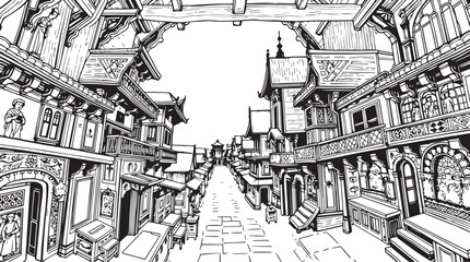 Obraz premium Old Town Landscape. Vintage, retro, wood carved patterns. Hand drawn vector illustration 