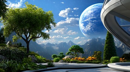Futuristic Landscape with Mountain View and Giant Planet
