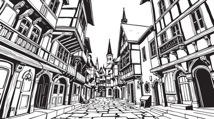 Old Town Landscape. Vintage, retro, wood carved patterns. Hand drawn vector illustration	