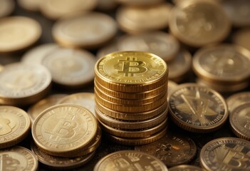 Un bitcoin brillante apilado sobre monedas viejas y sin brillo. Concepto de progreso, logro y crecimiento personal - obrazy, fototapety, plakaty