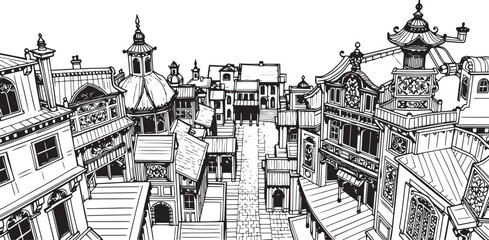 Obraz premium Old Town Landscape. Vintage, retro, wood carved patterns. Hand drawn vector illustration 