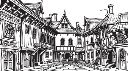 Old Town Landscape. Vintage, retro, wood carved patterns. Hand drawn vector illustration	