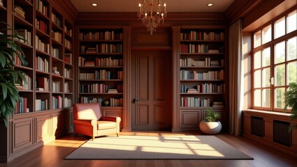  A modern home library featuring floor-to-ceiling bookshelves, a comfortable reading chair, and soft lighting.