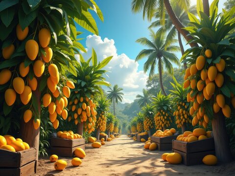 Plantaci&oacute;n de mangos con ramas gruesas de mangos amarillos maduros, paisaje tropical