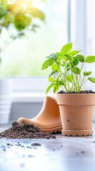 Brown Rubber Boots Beside Potted Plant and Soil