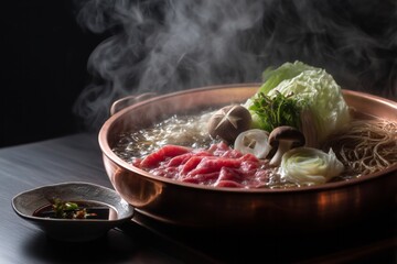 Sizzling Copper Pot Hot Pot with Beef, Cabbage, and Mushrooms in Oily Broth – 4K Photorealistic Asian Cuisine, Steam & Ingredient Texture for Food Blogs, Restaurant Menus, and Culinary Marketing