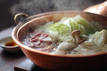 Sizzling Copper Pot Hot Pot with Beef, Cabbage, and Mushrooms in Oily Broth – 4K Photorealistic Asian Cuisine, Steam & Ingredient Texture for Food Blogs, Restaurant Menus, and Culinary Marketing