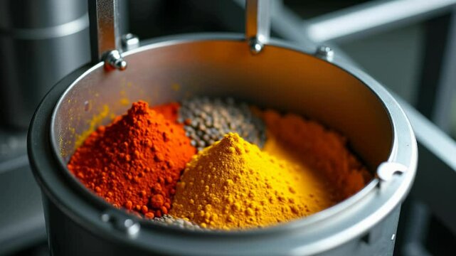 Industrial spice mixing creates stunning swirls of vibrant color