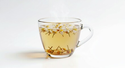 Warm Chamomile Tea Glass Cup Blooms White Background Natural Herbal Infusion