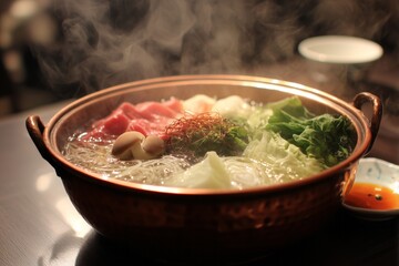 Sizzling Copper Pot Hot Pot with Beef, Cabbage, and Mushrooms in Oily Broth – 4K Photorealistic Asian Cuisine, Steam & Ingredient Texture for Food Blogs, Restaurant Menus, and Culinary Marketing