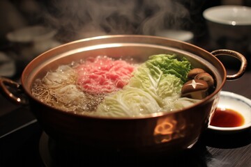 Sizzling Copper Pot Hot Pot with Beef, Cabbage, and Mushrooms in Oily Broth – 4K Photorealistic Asian Cuisine, Steam & Ingredient Texture for Food Blogs, Restaurant Menus, and Culinary Marketing
