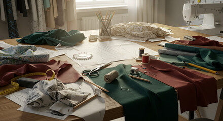 Fabric swatches on a fashion designer's table, daylight, realistic 