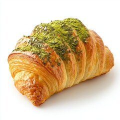 Freshly baked croissant with green pesto spread and herbs on a white background, close-up of flaky crispy pastry with herb topping for breakfast snack