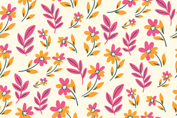 Seamless floral pattern, abstract ditsy print with simple decorative plants. Creative botanical design of small hand drawn pink daisy flowers, yellow falling leaves. Vector illustration.