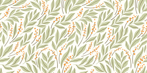 Seamless floral pattern, liberty style nature print, simple ornament of small hand drawn plants. Abstract botanical design with tiny green leaves, wild flowers on light field. Vector illustration. © Yulya i Kot