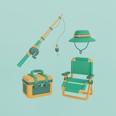 3d fishing icon set, folding chair, tackle box, fishing rod, panama hat. Summer outdoor recreation, free time, hobby. Fisherman's day. 3d rendering.
