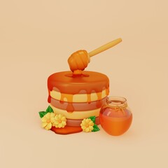 3D illustration of honey pouring from a wooden ladle onto stacks of pancakes. Honey product with a jar and wild flowers. Sweet breakfast. Honey harvesting. 3D rendering.
