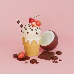 3D ice cream in a waffle cone with cherry, strawberry and waffle tube. Ice cream with chocolate bar and coconut. Sweet tooth day. Delicious sweet desserts. 3D rendering.